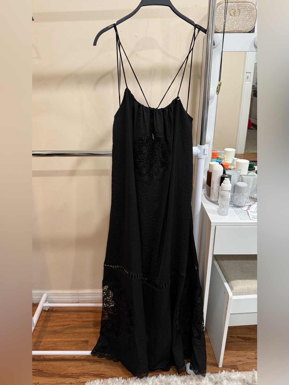 ZARA Black Boho Maxi Dress Size S Crochet Lace Strappy Open Back Flowy Dress